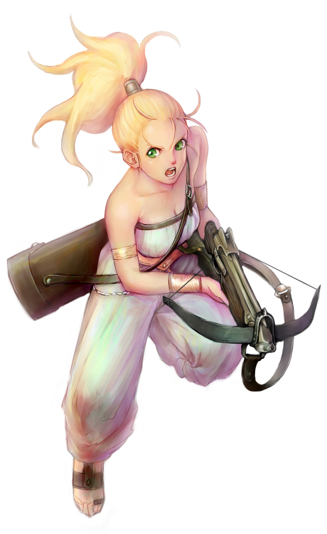 1girl armlet baggy_pants bare_shoulders blonde_hair blue_eyes bow_(weapon) bracelet breasts chrono_trigger cleavage crossbow hakuga_(haru-akira) jewelry long_hair marle pants ponytail quiver sandals solo toes tubetop weapon