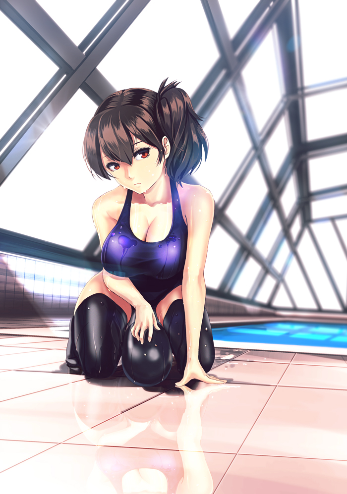 1girl bare_shoulders black_legwear breasts cleavage infinote kaga_(kantai_collection) kantai_collection large_breasts pool red_eyes reflection revision solo swimsuit thighhighs torpedo wet wet_swimsuit