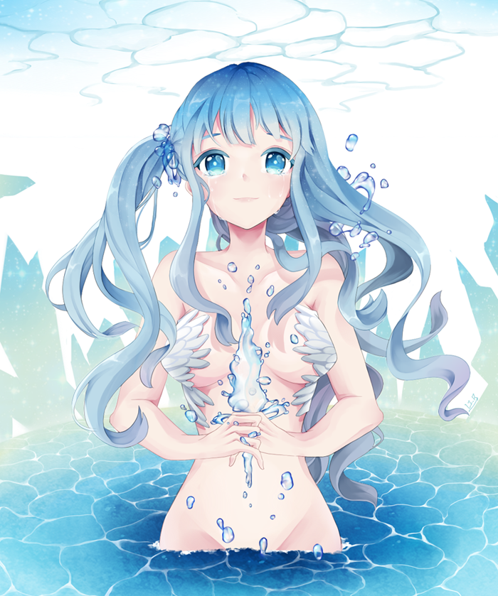 1girl blue blue_eyes blue_hair crying crying_with_eyes_open long_hair looking_at_viewer original partially_submerged side_ponytail smile solo tears twintails water