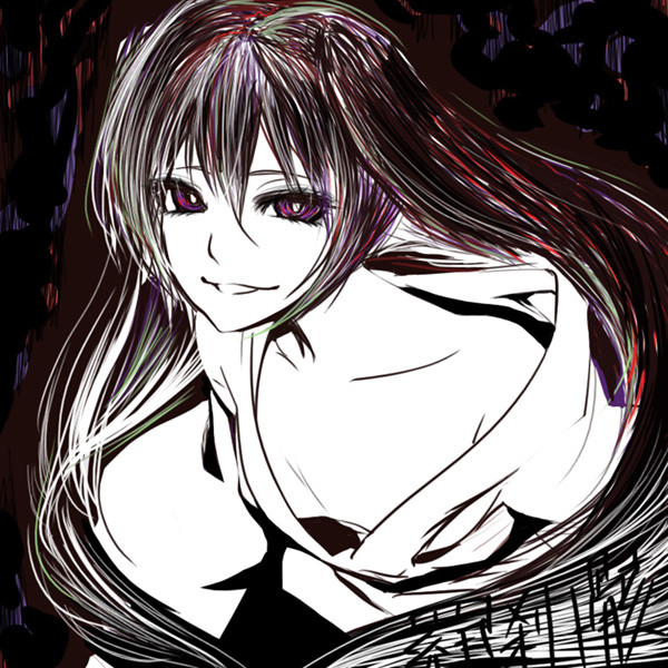 1girl abstract_background alternate_costume black_hair copyright_name creepy hatsune_miku japanese_clothes kimono leaning_forward long_hair looking_at_viewer musunde_hiraite_rasetsu_to_mukuro_(vocaloid) off_shoulder poaro small_breasts smile snake_mouth solo twintails upper_body very_long_hair violet_eyes vocaloid white_skin