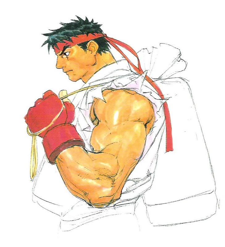 1boy bag black_hair capcom concept_art dougi duffel_bag fingerless_gloves gloves headband nishimura_kinu official_art ryuu_(street_fighter) sleeveless solo street_fighter street_fighter_iii