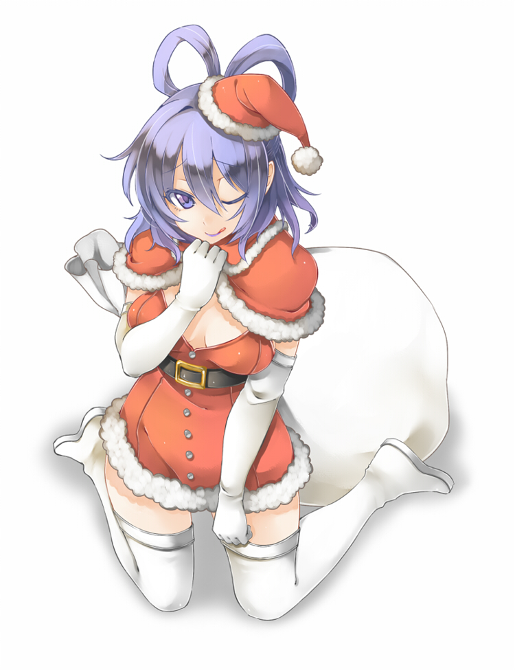 1girl :q akagashi_hagane belt blue_eyes blue_hair boots breasts christmas cleavage dress elbow_gloves gloves grin hair_rings hat kaku_seiga kneeling sack santa_costume santa_hat smile solo thigh_boots thighhighs tongue touhou wink