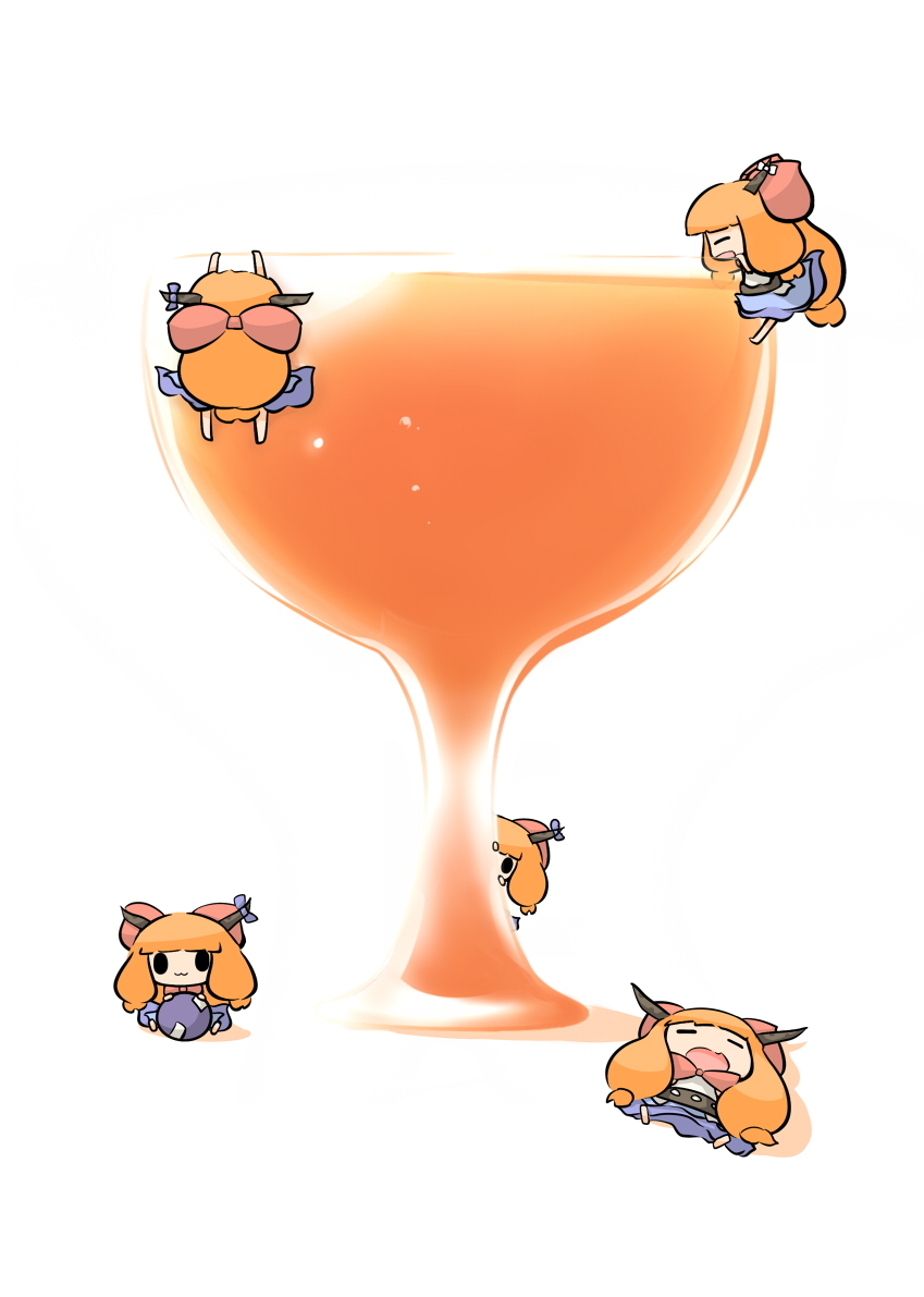 5girls alcohol black_eyes bow chibi climbing clone closed_eyes cup horns ibuki_suika long_hair minigirl multiple_girls open_mouth orange_hair peeking ribbon sake saku_(osake_love) sleeping solid_oval_eyes touhou wine_glass