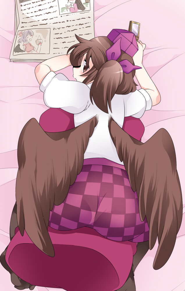 1girl ass back bent_over blush brown_hair cellphone checkered checkered_skirt hammer_(sunset_beach) hat himekaidou_hatate houraisan_kaguya long_hair looking_back necktie newspaper on_bed open_mouth pantyhose phone red_eyes remilia_scarlet ribbon short_hair skirt solo tokin_hat touhou twintails wings