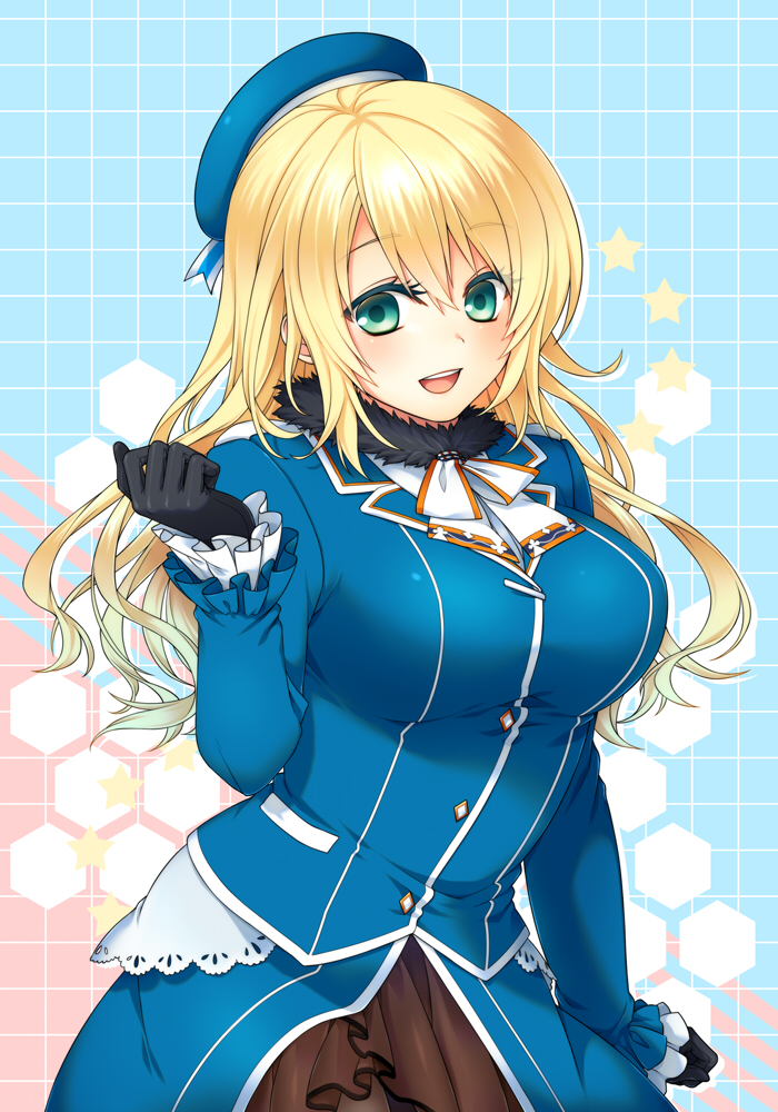 1girl atago_(kantai_collection) black_gloves blonde_hair breasts gloves green_eyes hat kantai_collection kuronohana large_breasts long_hair military military_uniform open_mouth personification smile solo uniform