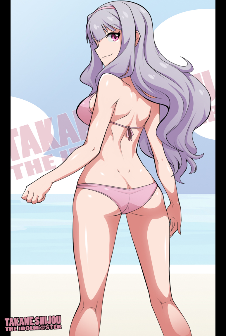 1girl ass bikini breasts character_name dimples_of_venus from_behind hairband idolmaster long_hair pink_eyes revision shijou_takane shiny shiny_skin sideboob silver_hair smile solo spikewible swimsuit windowboxed