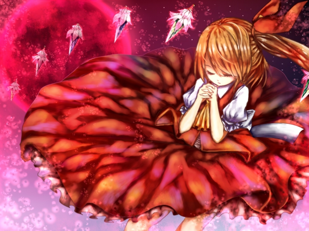 1girl adapted_costume ascot blonde_hair closed_eyes crystal flandre_scarlet full_moon gradient gradient_background hair_ribbon hands_together imajin0613 interlocked_fingers moon no_hat praying puffy_short_sleeves puffy_sleeves red_moon ribbon short_hair short_sleeves side_ponytail skirt skirt_set solo touhou