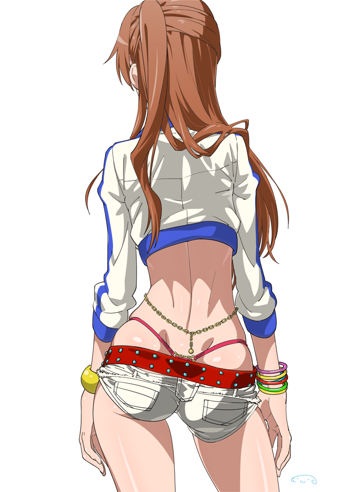 1girl ass back belt brown_hair chain chuunibyou_demo_koi_ga_shitai! from_behind jacket long_hair nibutani_shinka revision short_shorts shorts side_ponytail solo suna thong white_background