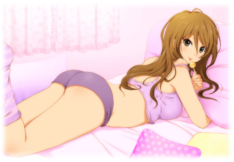 1girl ass bed brown_eyes brown_hair candy extra k-on! licking lollipop long_hair looking_back lying on_stomach pantylines pillow revision shian_(my_lonly_life.) short_shorts shorts socks solo tachibana_himeko tongue