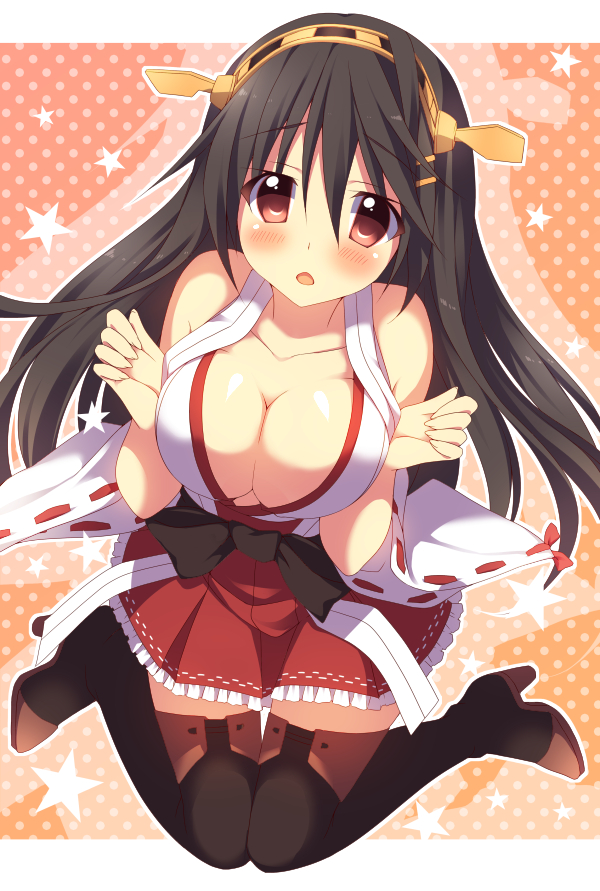 1girl blush breasts brown_hair cleavage detached_sleeves hairband haruna_(kantai_collection) japanese_clothes kantai_collection large_breasts long_hair looking_at_viewer nontraditional_miko oniku-chan open_mouth personification red_eyes solo star thighhighs wide_sleeves
