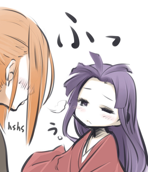 2girls blown_air blush character_request commentary_request hair_blowing hime_cut japanese_clothes kimono long_hair multiple_girls no_eyes orange_hair payot poaro purple_hair sengoku_wars sleeves_past_wrists violet_eyes wink