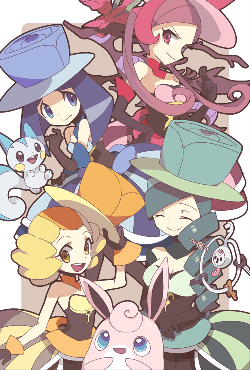 4girls bare_shoulders blonde_hair blue_eyes blue_hair closed_eyes dragalge dress drill_hair elbow_gloves gloves green_hair hat klefki lajournee_(pokemon) lanuit_(pokemon) lematin_(pokemon) lesoir_(pokemon) long_hair looking_at_viewer multicolored_hair multiple_girls pachirisu pink_hair pokemon pokemon_(creature) pokemon_(game) pokemon_xy red_eyes smile top_hat two-tone_hair wigglytuff yoyterra