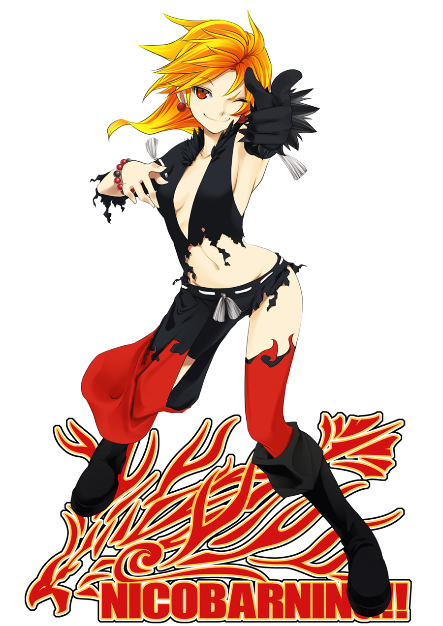 1girl arched_back armpits asymmetrical_clothes bead_bracelet bird boots bracelet breasts breasts_apart character_name cleavage earrings flame flame_print fur_trim highres hips jewelry long_hair looking_at_viewer navel nico_barning orange_hair original poaro pointing pointing_at_viewer red_eyes shorts simple_background single_elbow_glove single_thighhigh smile solo stance tassel thighhighs torn_clothes v-neck waist white_background wink