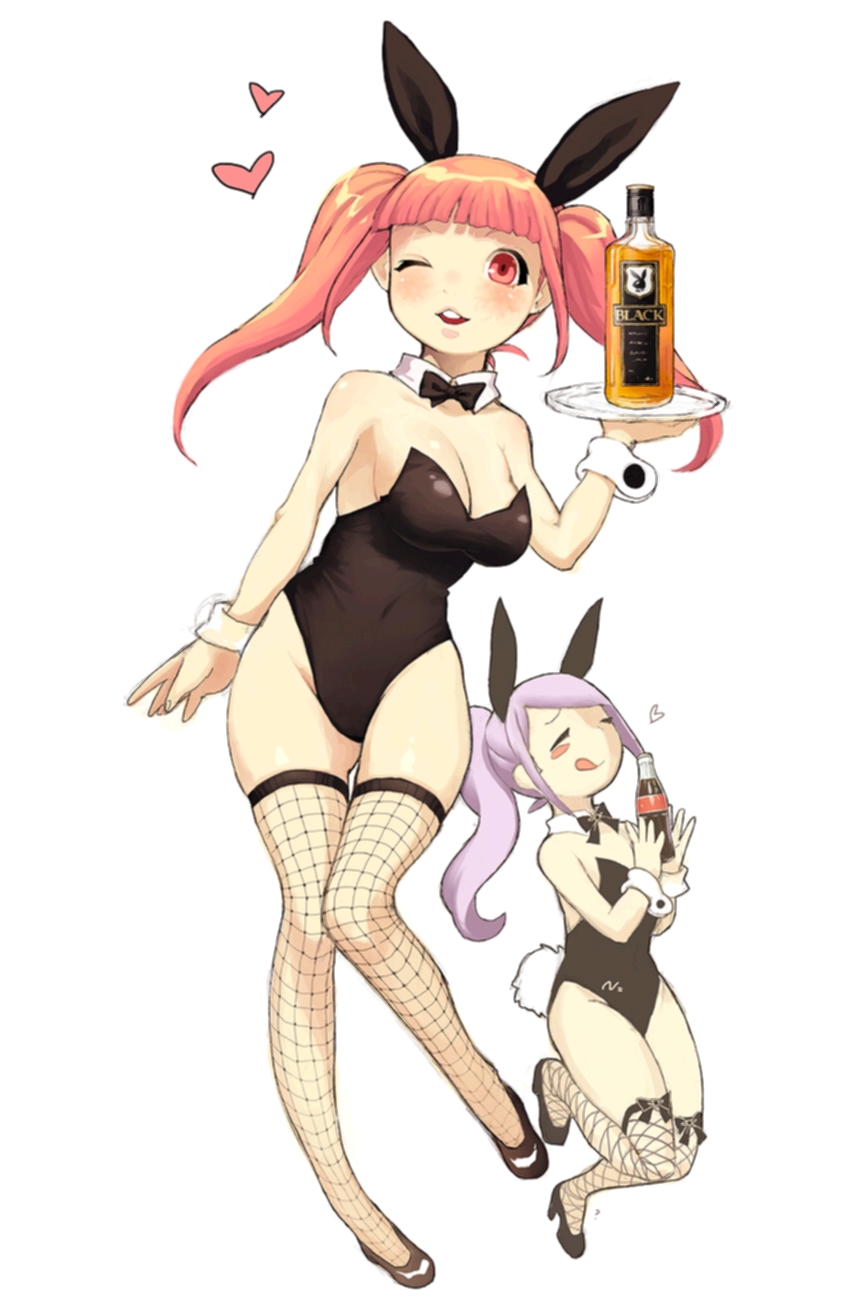 2girls alcohol animal_ears bottle bowtie bunny_tail bunnysuit closed_eyes coca-cola detached_collar fishnet_legwear fishnets highres long_hair multiple_girls n: original pink_hair ponytail purple_hair rabbit_ears red_eyes tail thighhighs tray twintails wine wink wrist_cuffs