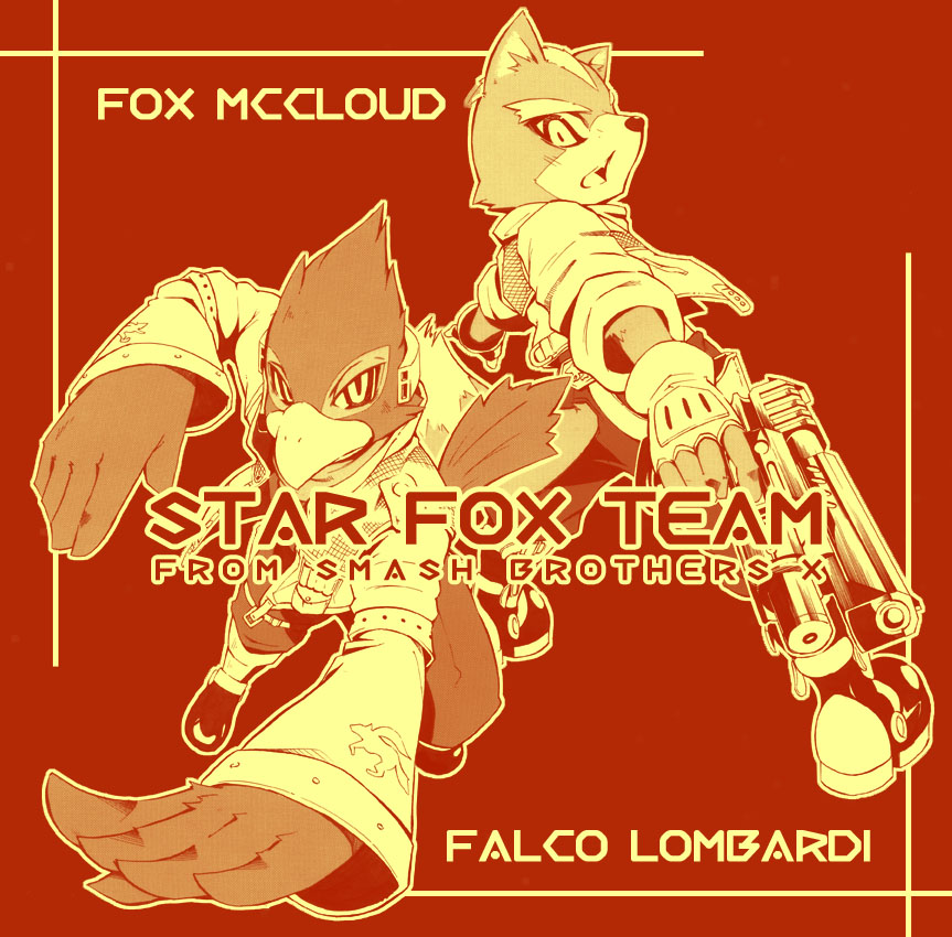 2boys back-to-back beak character_name falco_lombardi fingerless_gloves flat_color fox_mccloud furry gloves gun harusuke headset monochrome multiple_boys pistol red snout star_fox tsurime weapon