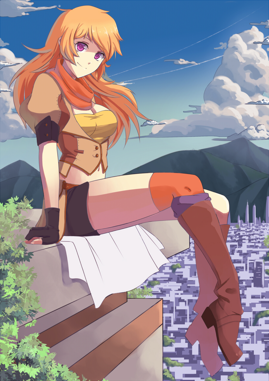1girl blonde_hair boots breasts city cityscape cleavage clouds fingerless_gloves gloves highres landscape long_hair looking_at_viewer midriff mountain navel rwby scenery single_thighhigh sitting sitting_on_roof sky smile solo thighhighs tree violet_eyes yang_xiao_long
