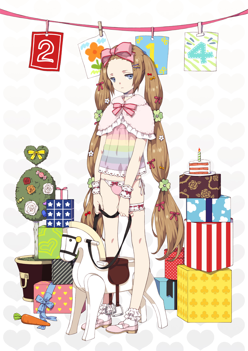 1boy 2014 blue_eyes bow cake candle capelet carrot food forehead garters gift hair_bow hair_ornament hairclip long_hair montanyaoh original panties plant potted_plant side-tie_panties socks toy toy_horse trap twintails underwear very_long_hair wrist_cuffs