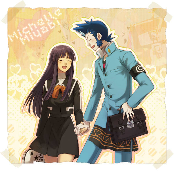 1boy 1girl black_hair blue_hair couple long_hair mishina_eikichi miyabi_hanakouji persona persona_2 school_uniform