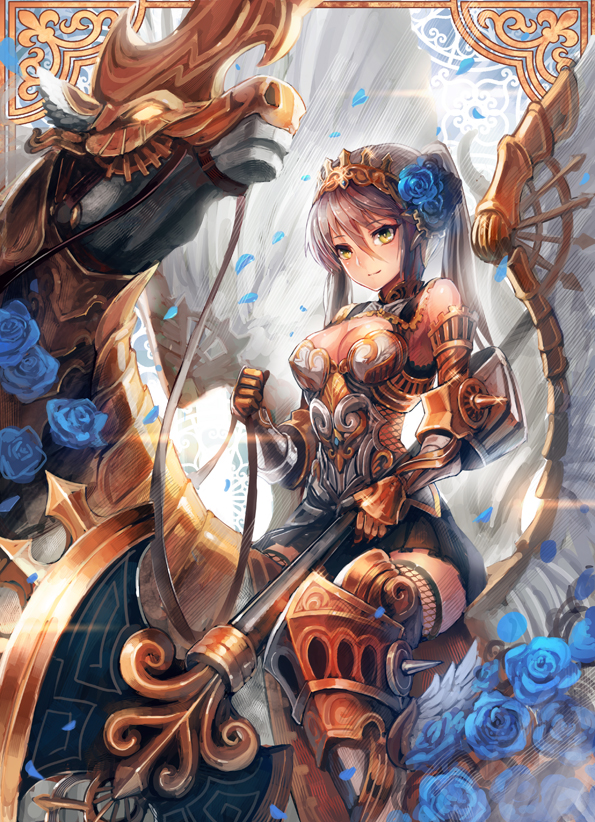 1girl armor breasts cleavage cleavage_cutout fishnet_legwear fishnets flower gauntlets greaves green_eyes hair_between_eyes hair_flower hair_ornament horse light_smile long_hair nigoro original pegasus petals pleated_skirt polearm poleaxe ponytail riding silver_hair sitting skirt solo thighhighs tiara weapon