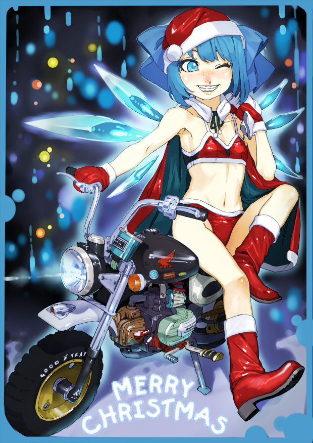 1girl armpits bikini blue_eyes blue_hair blush boots bow cape cirno freckles grin hair_bow hat ice ice_wings merry_christmas mittens motor_vehicle motorcycle navel ninny-world runny_nose sack santa_hat smile swimsuit touhou vehicle wings wink