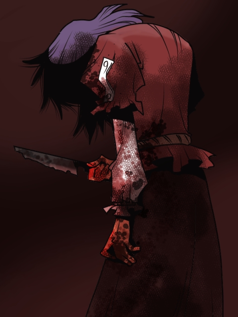 1girl blood blood_stain bloody_clothes bloody_hands bloody_knife bloody_weapon obscured onikobe_rin red_background skirt touhou weapon yasaka_kanako