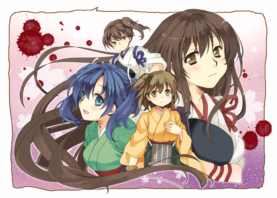 4girls akagi_(kantai_collection) armor blue_eyes blue_hair brown_eyes brown_hair hiryuu_(kantai_collection) japanese_clothes kaga_(kantai_collection) kantai_collection looking_at_viewer malino_(dream_maker) multiple_girls muneate open_mouth personification ponytail side_ponytail smile souryuu_(kantai_collection) twintails yellow_eyes