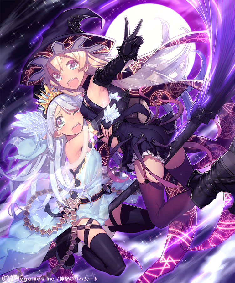 2girls black_dress black_gloves black_legwear blonde_hair blue_eyes boots bridal_gauntlets broom broom_riding cape character_request crown dress dutch_angle elbow_gloves feathers flying full_moon garter_straps gloves hair_feathers hat hug mckeee moon multiple_girls scared shingeki_no_bahamut sky small_breasts sparkle star_(sky) starry_sky tears thighhighs v waist_hug white_dress white_hair witch_hat