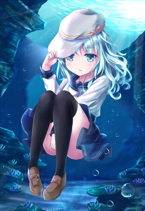 1girl black_legwear blue_eyes blush bubble hammer_and_sickle hat kantai_collection long_hair nikkunemu open_mouth personification pleated_skirt school_uniform silver_hair skirt solo star sunlight thighhighs underwater verniy_(kantai_collection)