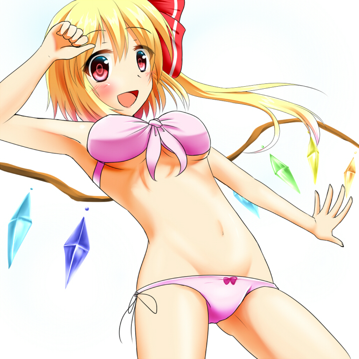 1girl bikini blonde_hair breasts flandre_scarlet hair_ribbon lowleg lowleg_bikini navel open_mouth pink_bikini pink_eyes ribbon rody_(hayama_yuu) side-tie_bikini side_ponytail simple_background smile solo swimsuit touhou under_boob white_background wings