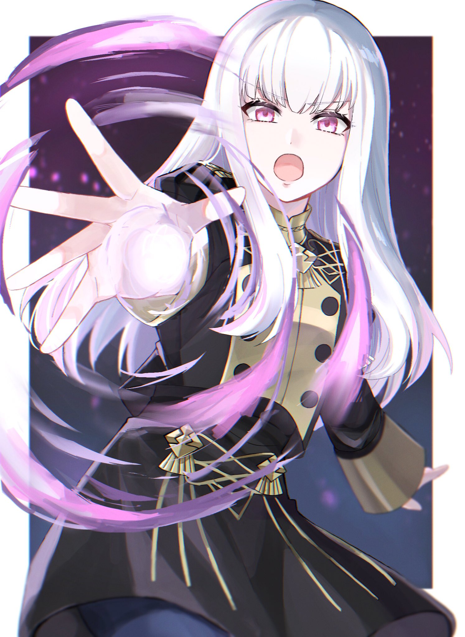 1girl :o aiming_at_viewer bangs breasts casting_spell cowboy_shot energy fire_emblem fire_emblem:_three_houses garreg_mach_monastery_uniform gradient gradient_background highres long_hair long_sleeves looking_at_viewer lysithea_von_ordelia magic open_mouth pink_eyes simple_background small_breasts solo sukinasushi_ebi uniform v-shaped_eyebrows white_hair wide_sleeves