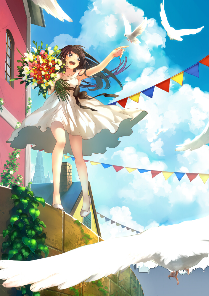 1girl armpits bird blue_skin blurry bouquet brown_eyes brown_hair clouds depth_of_field dress flower house long_hair open_mouth original outstretched_arm outstretched_hand pigeon sash sekka_koyori sleeveless sleeveless_dress smile solo sundress town upskirt white_dress