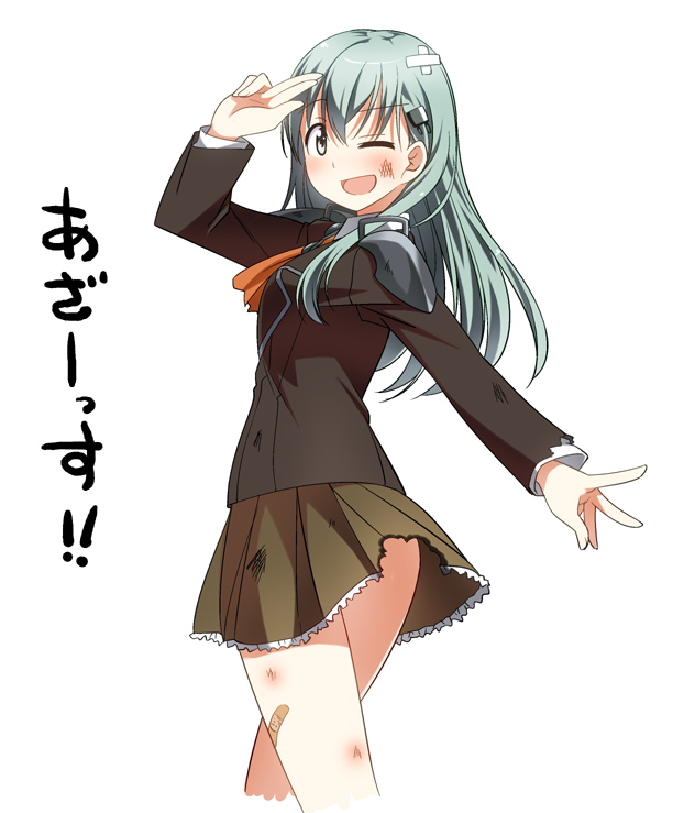 1girl bandaid dirty_clothes dirty_face grey_eyes kantai_collection long_sleeves pose school_uniform shirt silver_hair simple_background skirt smile solo suzuya_(kantai_collection) torn_clothes torn_skirt umekichi white_background wink