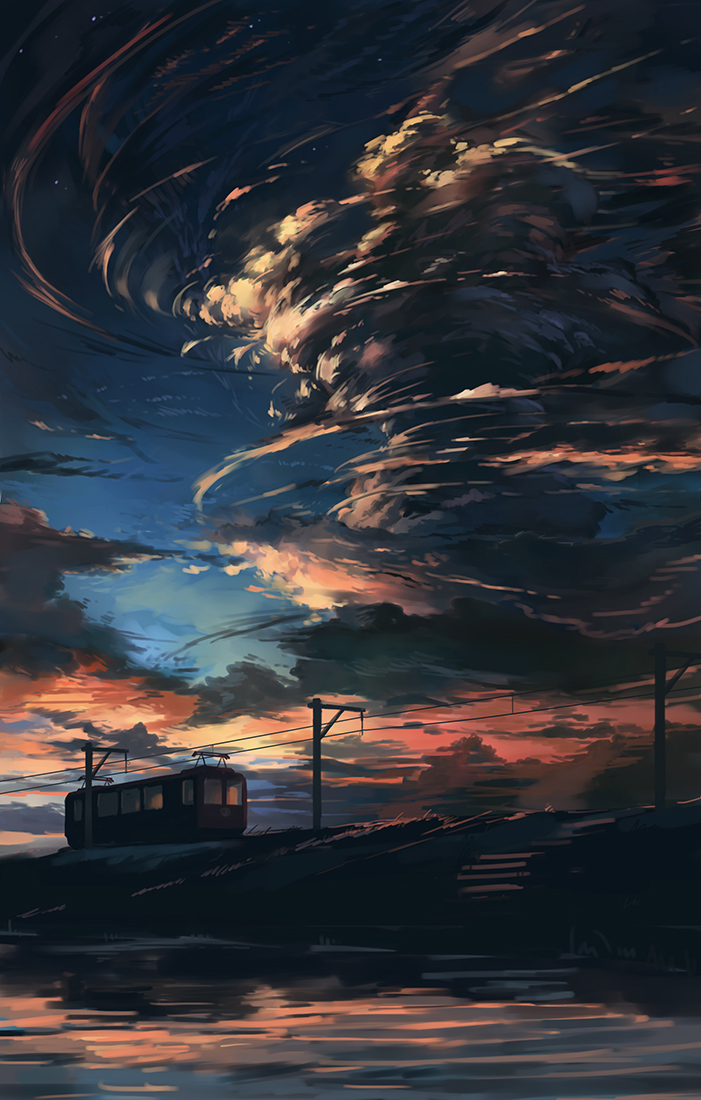 clouds landscape nodata original river riverbank scenery sky star_(sky) sunset train tram