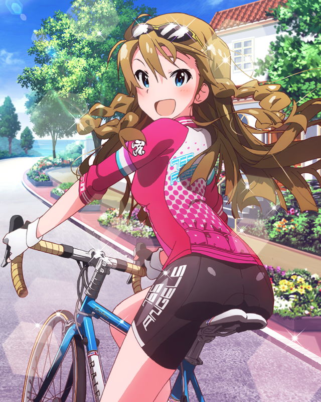 1girl :d aqua_eyes bicycle bike_jersey bike_shorts blush brown_hair fingerless_gloves glasses gloves idolmaster idolmaster_million_live! kousaka_umi lens_flare long_hair looking_at_viewer musical_note official_art open_mouth shorts smile sunglasses sunglasses_on_head