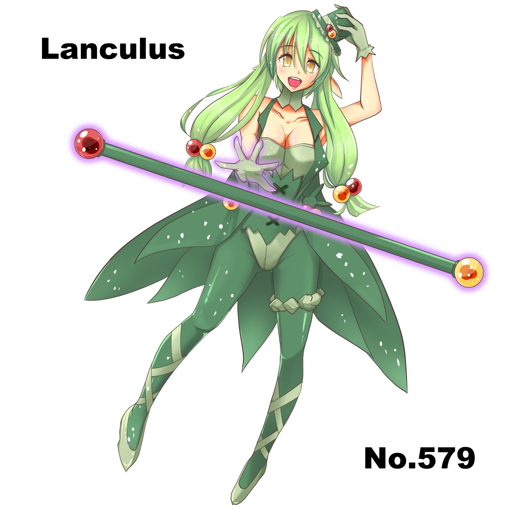 1girl bare_shoulders breasts character_name cleavage detached_collar garters gloves green_hair hat leotard levitation long_hair mini_top_hat noppoago number pantyhose personification pointy_ears pokemon pokemon_(game) pokemon_bw reuniclus shoes solo staff top_hat yellow_eyes