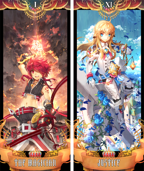 2boys arm_up armor blonde_hair blue_eyes blue_rose boots buckle chung clouds crown elsword elsword_(character) flower gem gloves justice_(tarot_card) long_hair male midriff multiple_boys navel pants rainbow_order red_eyes redhead rose scorpion5050 sitting sky smile sword tarot tattoo the_magician weapon