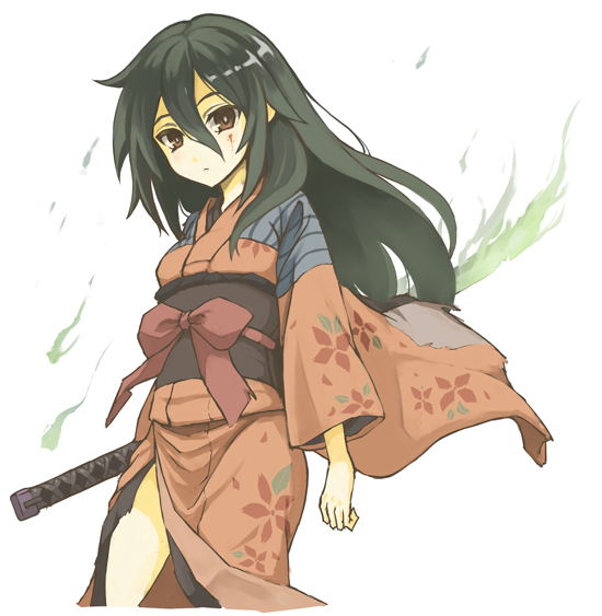 1girl black_hair blood blood_on_face brown_eyes fire green_fire hair_between_eyes ichi_hachi_rei_rei japanese_clothes katana kimono long_hair looking_at_viewer original patches simple_background sword torn_clothes weapon white_background