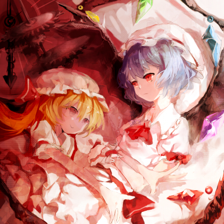 2girls arm_rest bat_wings blonde_hair blue_hair expressionless eye_contact flandre_scarlet gears looking_at_another lowres mob_cap multiple_girls open_hands outstretched_arms reclining red_eyes remilia_scarlet siblings sisters smile touhou ty-papapa wings wrist_cuffs