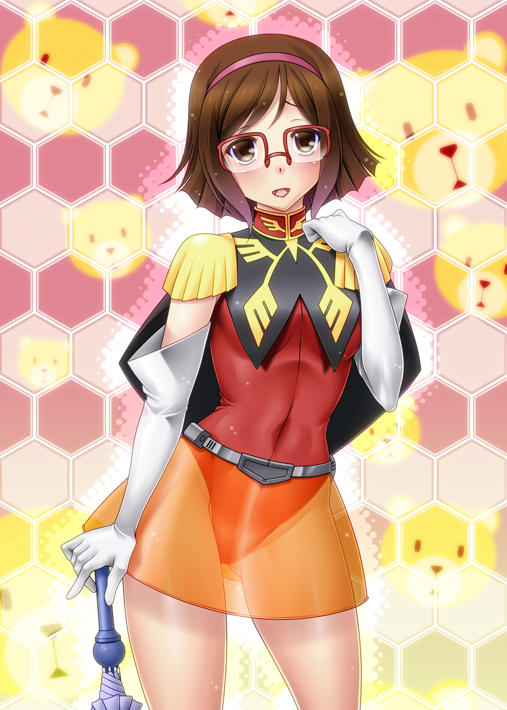 1girl :d ayato bear brown_hair elbow_gloves glasses gloves gundam gundam_build_fighters hexagon highleg highres kousaka_china open_mouth racequeen see-through smile tagme umbrella white_gloves zeon