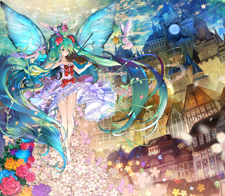 1girl absurdly_long_hair bird castle dress flower green_eyes green_hair hatsune_miku instrument long_hair repi987 rose solo twintails very_long_hair violin vocaloid wings