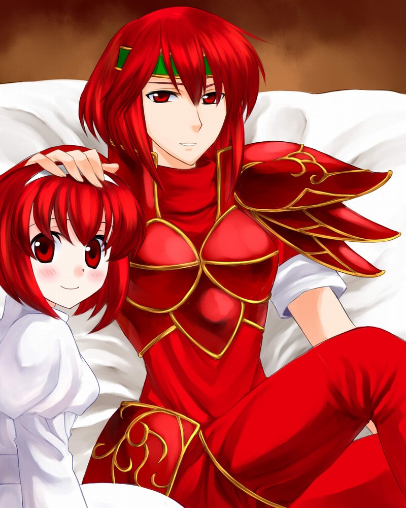 2girls 74 armor blush boots dress fire_emblem fire_emblem:_mystery_of_the_emblem hairband hand_on_another's_head maria_(fire_emblem) minerva_(fire_emblem) multiple_girls red_armor red_eyes red_legwear redhead short_hair siblings sisters sitting smile spaulders thigh-highs thigh_boots white_dress
