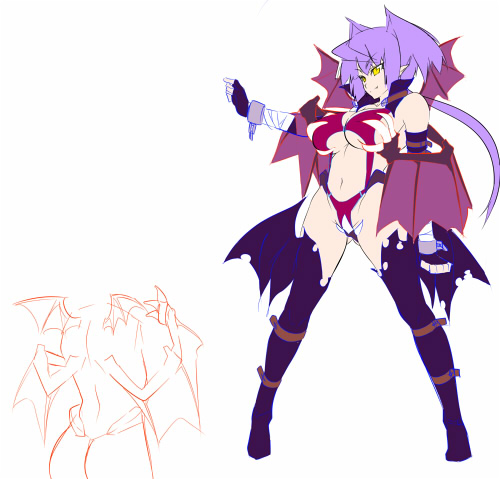 1girl bandages black_legwear breasts character_request demon_girl fingerless_gloves gloves hair_intakes large_breasts low_wings lowres mini_wings multiple_wings navel navel_cutout pointy_ears ponytail potion_(moudamepo) purple_hair revealing_clothes solo thighhighs underboob wings yellow_eyes