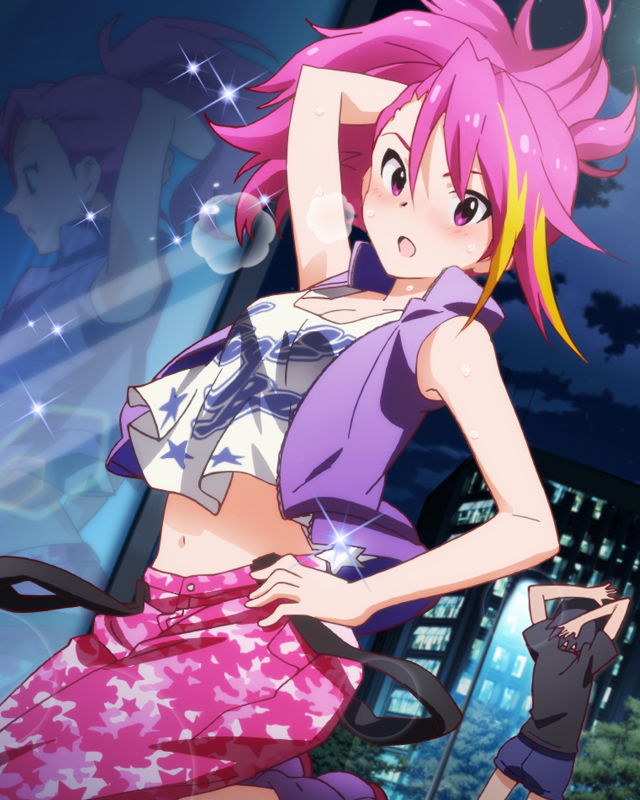 1boy 1girl artist_request blush camouflage_pants hand_on_head hand_on_hip idolmaster idolmaster_million_live! looking_at_viewer maihama_ayumu mirror multicolored_hair official_art pink_eyes pink_hair pose reflection vest