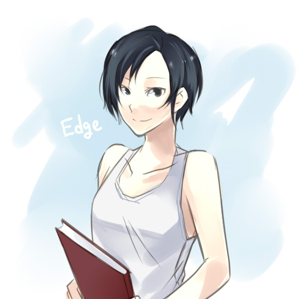 1girl ace_combat ace_combat_5 bare_shoulders black_eyes black_hair book character_name kei_nagase mimura_tokusa short_hair smile solo tank_top