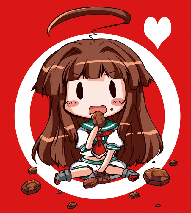 1girl ahoge bauxite blush_stickers brown_hair chibi drooling eating futami_yayoi heart kantai_collection kuma_(kantai_collection) long_hair open_mouth personification sitting solo