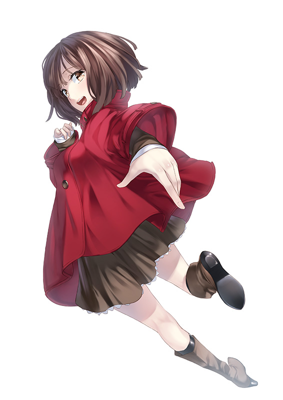 1girl blush boots brown_eyes brown_hair coat dress kyon_(fuuran) looking_at_viewer looking_back open_mouth original outstretched_arm short_hair smile solo