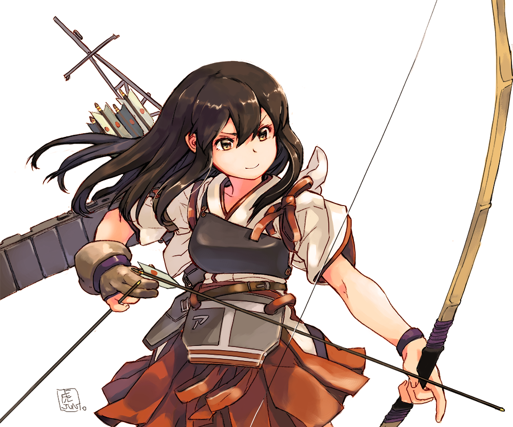 1girl akagi_(kantai_collection) archery arrow blush brown_eyes brown_hair flight_deck japanese_clothes kantai_collection kyuudou long_hair muneate personification quiver single_glove skirt smile solo tora_jun yugake