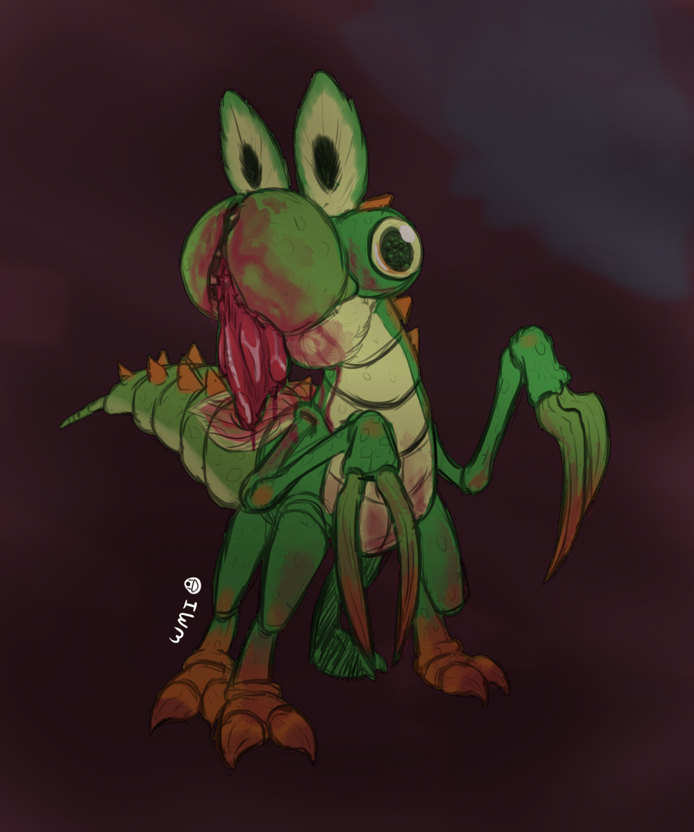 blood blood_on_face fusion highres insect monster no_humans solo super_mario_bros. tail wide_mouth_ink yoshi