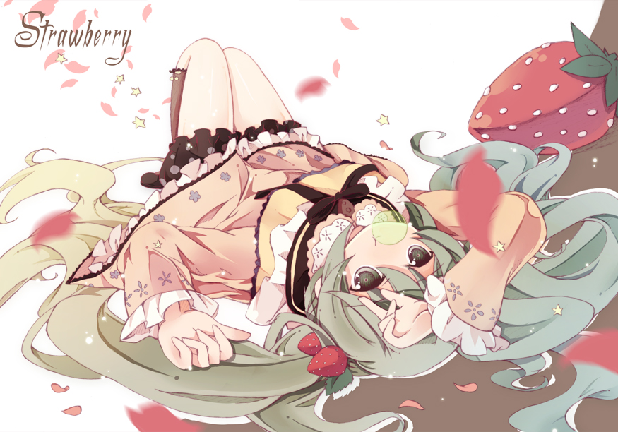 1girl bondson food food_as_clothes food_themed_clothes fruit green_eyes green_hair hatsune_miku kneehighs lying on_back petals solo strawberry strawberry_miku vocaloid