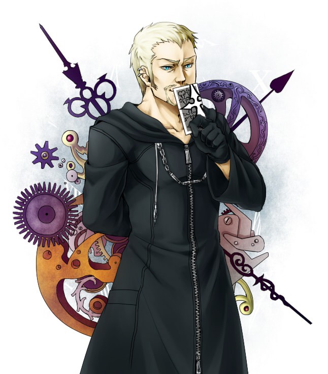 1boy beard blonde_hair blue_eyes card cloak doyamatsu earrings facial_hair gloves jewelry kingdom_hearts luxord